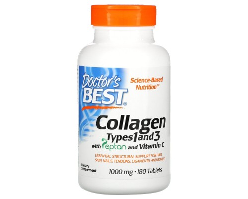 Колаген, тип 1 і 3, Collagen Types 1 and 3 with Peptain, Doctor's Best, 1000 мг, 180 таблеток Колаген, тип 1 і 3, Collagen Types 1 and 3 with Peptain, Doctor's Best, 1000 мг, 180 таблеток
