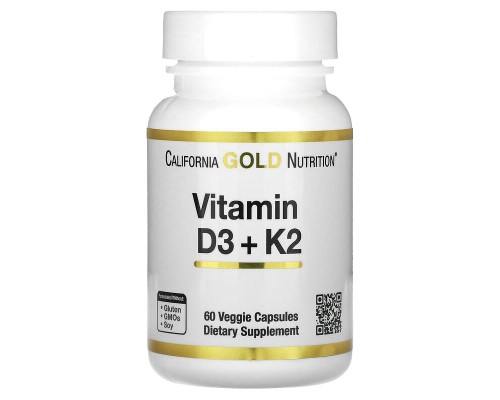 California Gold Nutrition, вітаміни D3 і К2, 60 рослинних капсул California Gold Nutrition, вітаміни D3 і К2, 60 рослинних капсул