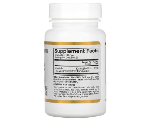 Вітамін Д3 California Gold Nutrition (Vitamin D3) 50 мкг 2000 МО 90 капсул Вітамін Д3 California Gold Nutrition (Vitamin D3) 50 мкг 2000 МО 90 капсул