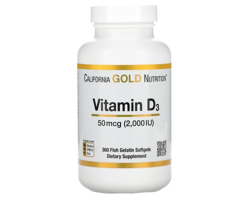 Вітамін Д3 California Gold Nutrition (Vitamin D3) 50 мкг 2000 МО 360 м'яких капсул Вітамін Д3 California Gold Nutrition (Vitamin D3) 50 мкг 2000 МО 360 м'яких капсул