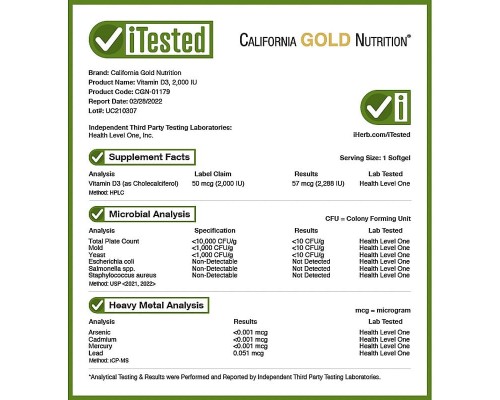 Вітамін Д3 California Gold Nutrition (Vitamin D3) 50 мкг 2000 МО 90 капсул Вітамін Д3 California Gold Nutrition (Vitamin D3) 50 мкг 2000 МО 90 капсул