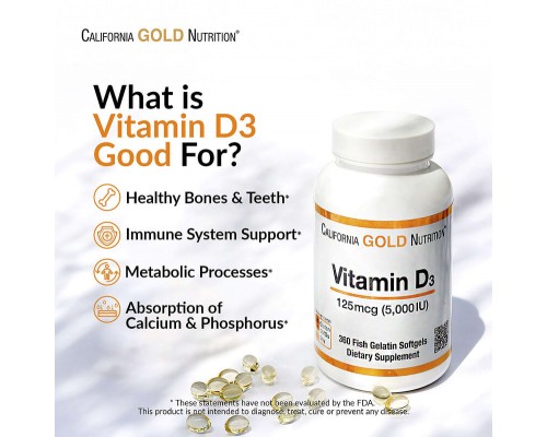 Вітамін Д3 California Gold Nutrition (Vitamin D3) 5000 МО 90 рибних желатинових капсул Вітамін Д3 California Gold Nutrition (Vitamin D3) 5000 МО 90 рибних желатинових капсул