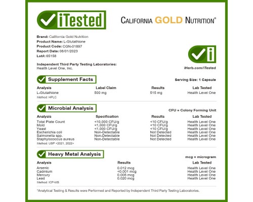 California Gold Nutrition, L-глутатіон (відновлена форма), 500 мг, 30 вегетаріанських капсул California Gold Nutrition, L-глутатіон (відновлена форма), 500 мг, 30 вегетаріанських капсул