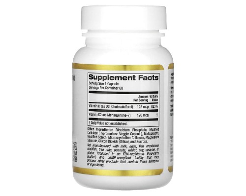 California Gold Nutrition, вітаміни D3 і К2, 60 рослинних капсул California Gold Nutrition, вітаміни D3 і К2, 60 рослинних капсул