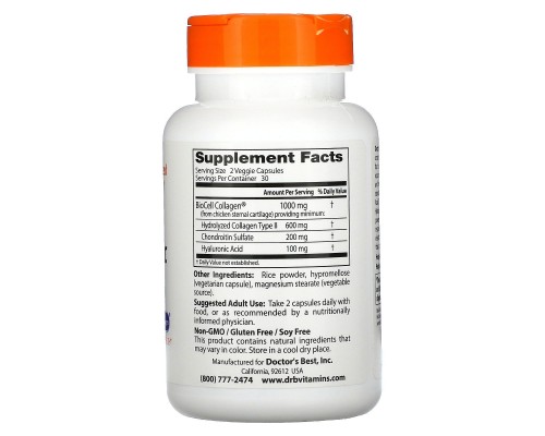 Гіалуронова кислота та хондроїтин сульфат Doctor's Best (Hyaluronic Acid + Chondroitin Sulfate) 50 мг/100 мг 60 капсул Гіалуронова кислота та хондроїтин сульфат Doctor's Best (Hyaluronic Acid + Chondroitin Sulfate) 50 мг/100 мг 60 капсул