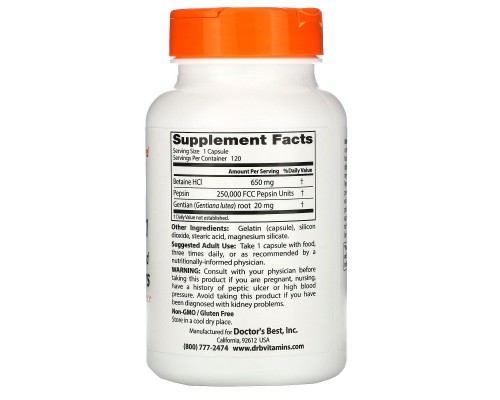 Бетаїн гідрохлорид пепсин та генціані Doctor's Best (Betaine HCL Pepsin & Gentian Bitters) 120 капсул Бетаїн гідрохлорид пепсин та генціані Doctor's Best (Betaine HCL Pepsin & Gentian Bitters) 120 капсул