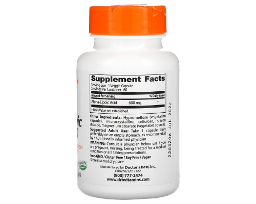 Альфа-ліпоєва кислота Doctor's Best (Alpha-Lipoic Acid) 600 мг 60 капсул Альфа-ліпоєва кислота Doctor's Best (Alpha-Lipoic Acid) 600 мг 60 капсул