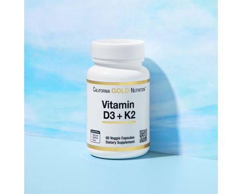 California Gold Nutrition, вітаміни D3 і К2, 60 рослинних капсул California Gold Nutrition, вітаміни D3 і К2, 60 рослинних капсул