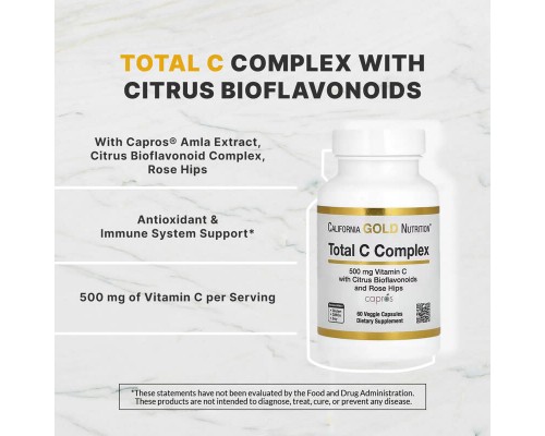 California Gold Nutrition, Total C, комплекс з вітаміном C і Capros, цитрусовими біофлавоноїдами і шипшиною, 500 мг, 60 рослинних капсул California Gold Nutrition, Total C, комплекс з вітаміном C і Capros, цитрусовими біофлавоноїдами і шипшиною, 500 мг, 60 рослинних капсул