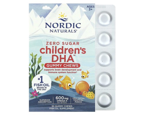 Nordic Naturals, Children's DHA, жувальні таблетки з ДГК для дітей віком 2–6 років, зі смаком тропічного пуншу, 600 мг, 30 жувальних таблеток Nordic Naturals, Children's DHA, жувальні таблетки з ДГК для дітей віком 2–6 років, зі смаком тропічного пуншу, 600 мг, 30 жувальних таблеток