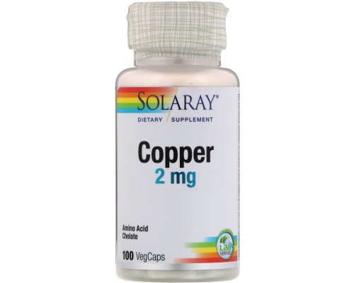 Мідь, Copper, Solaray, 2 мг, 100 капсул Мідь, Copper, Solaray, 2 мг, 100 капсул