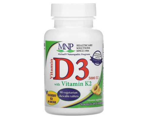Витамин D3, витамин K2, натуральный абрикосовый вкус, 5000 ИЕ, Michael's Naturopathic, 90 жевательных таблеток Витамин D3, витамин K2, натуральный абрикосовый вкус, 5000 ИЕ, Michael's Naturopathic, 90 жевательных таблеток