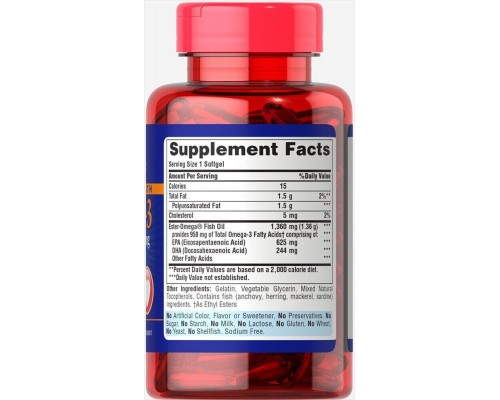Омега-3 риб'ячого жиру потрійної сили Puritan's Pride (Omega-3 Fish Oil) 1360 мг 60 м'яких капсул Омега-3 риб'ячого жиру потрійної сили Puritan's Pride (Omega-3 Fish Oil) 1360 мг 60 м'яких капсул