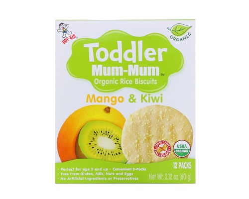 Печиво з органічним рисом Toddler Mum-Mum, манго та ківі, Hot Kid, 12 упаковок, 60 г Печиво з органічним рисом Toddler Mum-Mum, манго та ківі, Hot Kid, 12 упаковок, 60 г