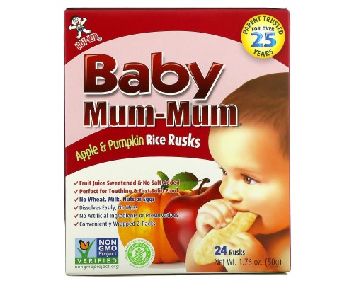 Baby Mum-Mum, рисові галети з яблуком та гарбузом, Hot Kid, 24 сухарики, 1,76 унції (50 г) Baby Mum-Mum, рисові галети з яблуком та гарбузом, Hot Kid, 24 сухарики, 1,76 унції (50 г)
