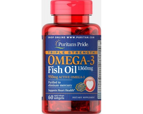 Омега-3 риб'ячого жиру потрійної сили Puritan's Pride (Omega-3 Fish Oil) 1360 мг 60 м'яких капсул Омега-3 риб'ячого жиру потрійної сили Puritan's Pride (Omega-3 Fish Oil) 1360 мг 60 м'яких капсул
