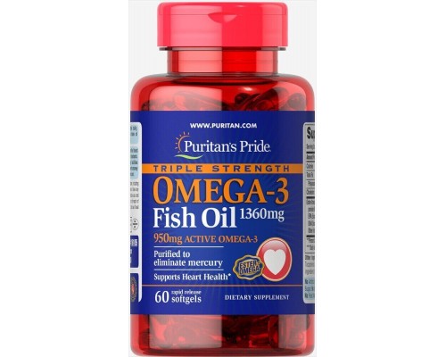 Омега-3 риб'ячого жиру потрійної сили Puritan's Pride (Omega-3 Fish Oil) 1360 мг 60 м'яких капсул Омега-3 риб'ячого жиру потрійної сили Puritan's Pride (Omega-3 Fish Oil) 1360 мг 60 м'яких капсул