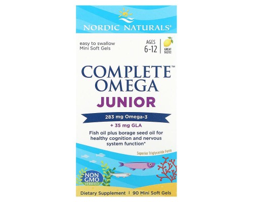 Nordic Naturals, Complete Omega Junior, для дітей віком 6–12 років, зі смаком лимона, 283 мг, 90 міні-капсул Nordic Naturals, Complete Omega Junior, для дітей віком 6–12 років, зі смаком лимона, 283 мг, 90 міні-капсул