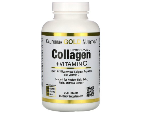 Гідролізовані колагенові пептиди + витамин С тип 1 і 3 California Gold Nutrition (Hydrolyzed Collagen Peptides + Vitamin C Type I & III) 6000 мг 250 таблеток Гідролізовані колагенові пептиди + витамин С тип 1 і 3 California Gold Nutrition (Hydrolyzed Collagen Peptides + Vitamin C Type I & III) 6000 мг 250 таблеток