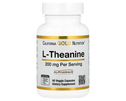 Теанин California Gold Nutrition (L-Theanine AlphaWave Supports Relaxation Calm Focus) 200 мг 60 вегетарианских капсул