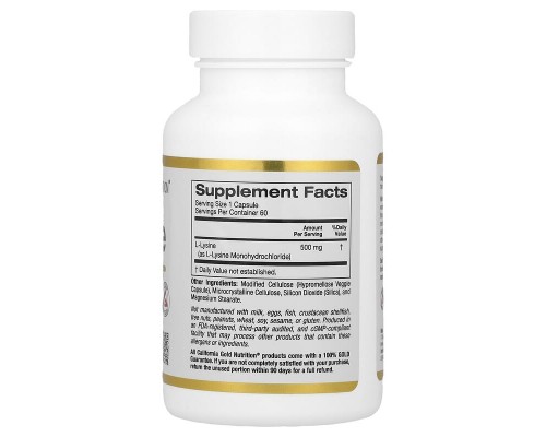 L-Лізин California Gold Nutrition 500 мг 60 рослинних капсул L-Лізин California Gold Nutrition 500 мг 60 рослинних капсул