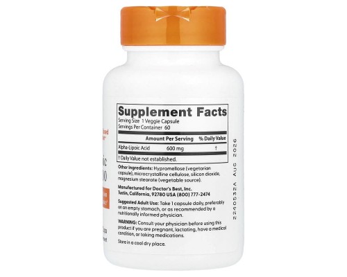 Альфа-ліпоєва кислота Doctor's Best 600 мг, 60 веганських капсул