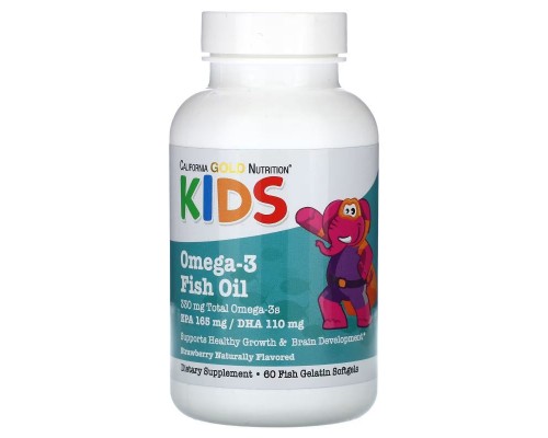 Риб’ячий жир з Омега-3 для дітей California Gold Nutrition Kids, 60 капсул зі смаком полуниці Риб’ячий жир з Омега-3 для дітей California Gold Nutrition Kids, 60 капсул зі смаком полуниці