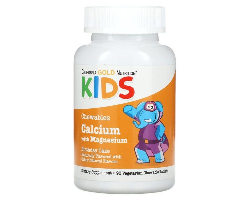 Кальцій з Магнієм для дітей California Gold Nutrition Kids 90 вегетаріанських таблеток зі смаком торта Кальцій з Магнієм для дітей California Gold Nutrition Kids 90 вегетаріанських таблеток зі смаком торта