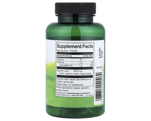 Каприлова кислота Swanson (Caprylic Acid) 600 мг, 60 м'яких капсул