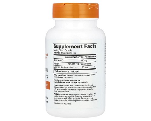 Бетаин гидрохлорид пепсин и генциани Doctor's Best 120 капсул