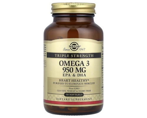 Омега-3 ЕПК та ДГК Solgar, потрійна концентрації, 950 мг, 50 капсул