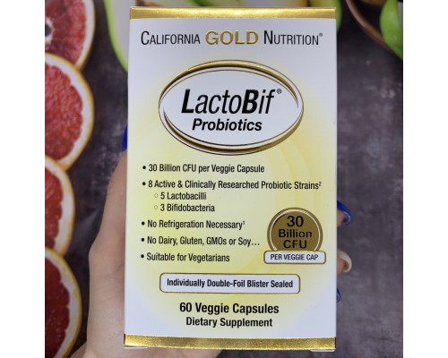 California Gold Nutrition, LactoBif, пробіотики, 30 млрд КУО, 60 вегетаріанських капсул California Gold Nutrition, LactoBif, пробіотики, 30 млрд КУО, 60 вегетаріанських капсул